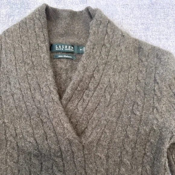 Ralph Lauren Womens Olive Cable-Knit Shawl Collar V-Neck Sweater Size M Heritage - Picture 4 of 9